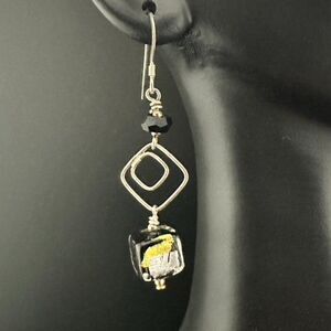 Sterling Silver Glass Gold Silver Foil Bead Dangle Earrings -  10mm Black Square